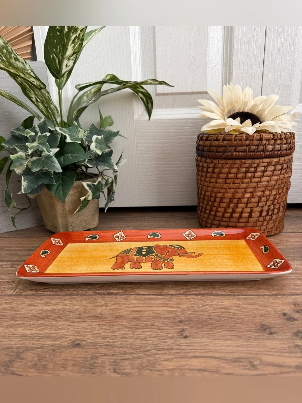 Vintage Pier 1 Imports Ceramic Terracotta Elephant Pattern Serving Platter